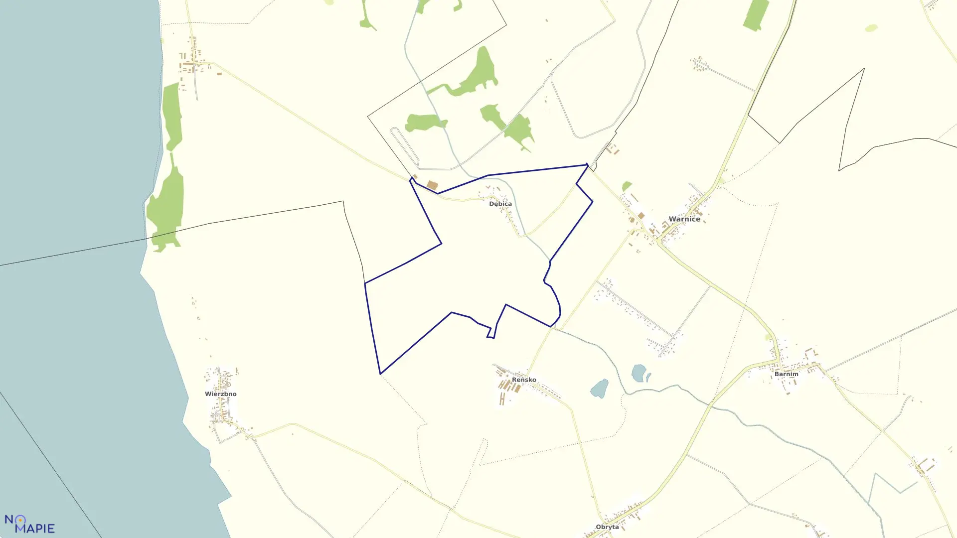 Mapa obrębu Dębica w gminie Warnice